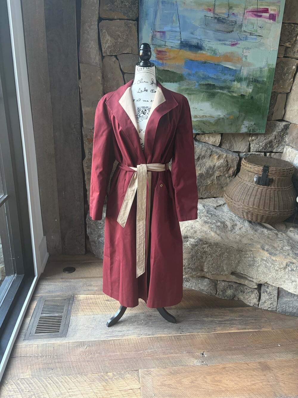 Vintage Etienne Aigner Reversible Trench Coat Women’s Large Tan Burgundy Belted - Picture 4 of 5